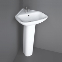 Lavabo de Esquina Moderno Blanco Lúcido Completo con Pedestal - 450mm - 1 Agujero para la Grifería
