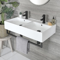 Lavabo Doble Suspendido Moderno Rectangular Blanco 820mm x 420mm con Barra Porta Toallas Negra