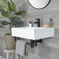 Lavabo Suspendido Moderno Rectangular Blanco 600mm x 420mm con Barra Porta Toallas Negra